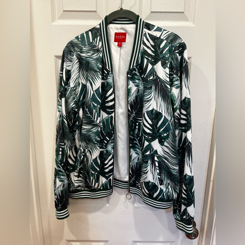 Guess silky bomber jacket. Monstera Plant and palm print.